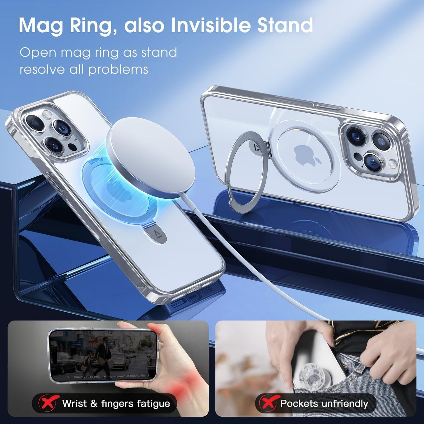 Alphex Titanium Stand for Magsafe Iphone 15 Pro Case, Polished Titanium Match for Iphone, 12FT Military Drop Protection, Shockproof Phone Ring Slim Cover 6.1 Inch, Silver Titanium  Alphex   