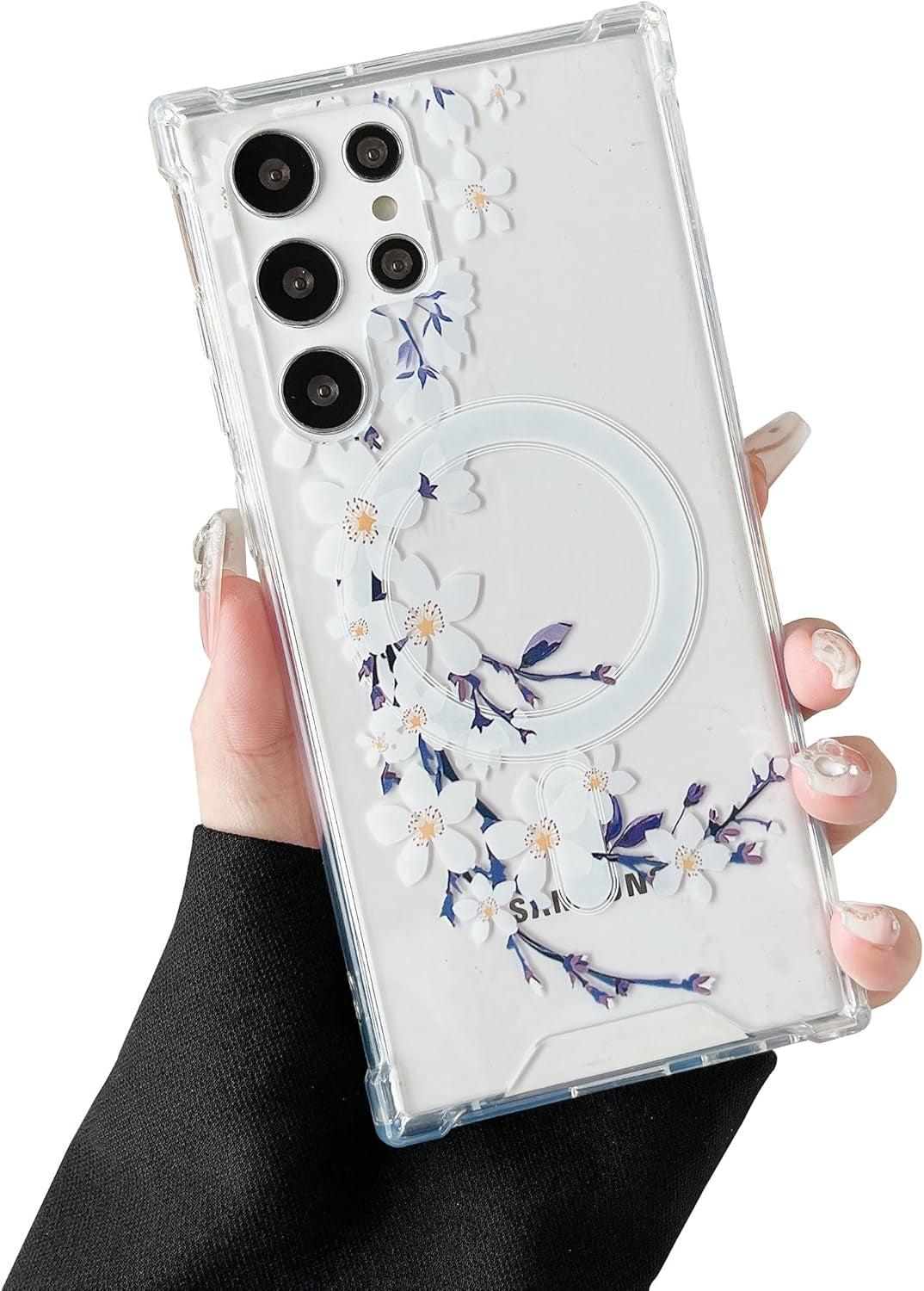 DEFBSC Magnetic Case for Samsung Galaxy S22 Ultra [Work with Magsafe] Clear Floral Flower Pattern Print Design Flexible Acrylic Shockproof Cover Flower Protective Phone Case, Purple Peony