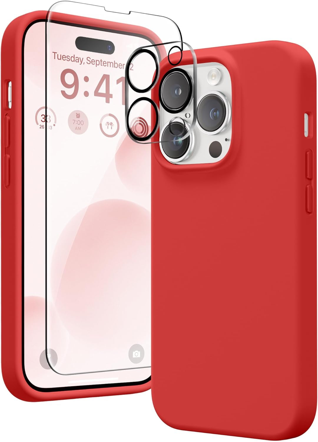 GONEZ for Iphone 14 Pro Case, with 2 Pack Screen Protector + 2 Pack Camera Lens Protector, Soft Anti-Scratch Microfiber Lining, Shockproof Protective Liquid Silicone Phone Cover 6.1'', Blue  GONEZ Crimson Red Iphone 14 Pro 