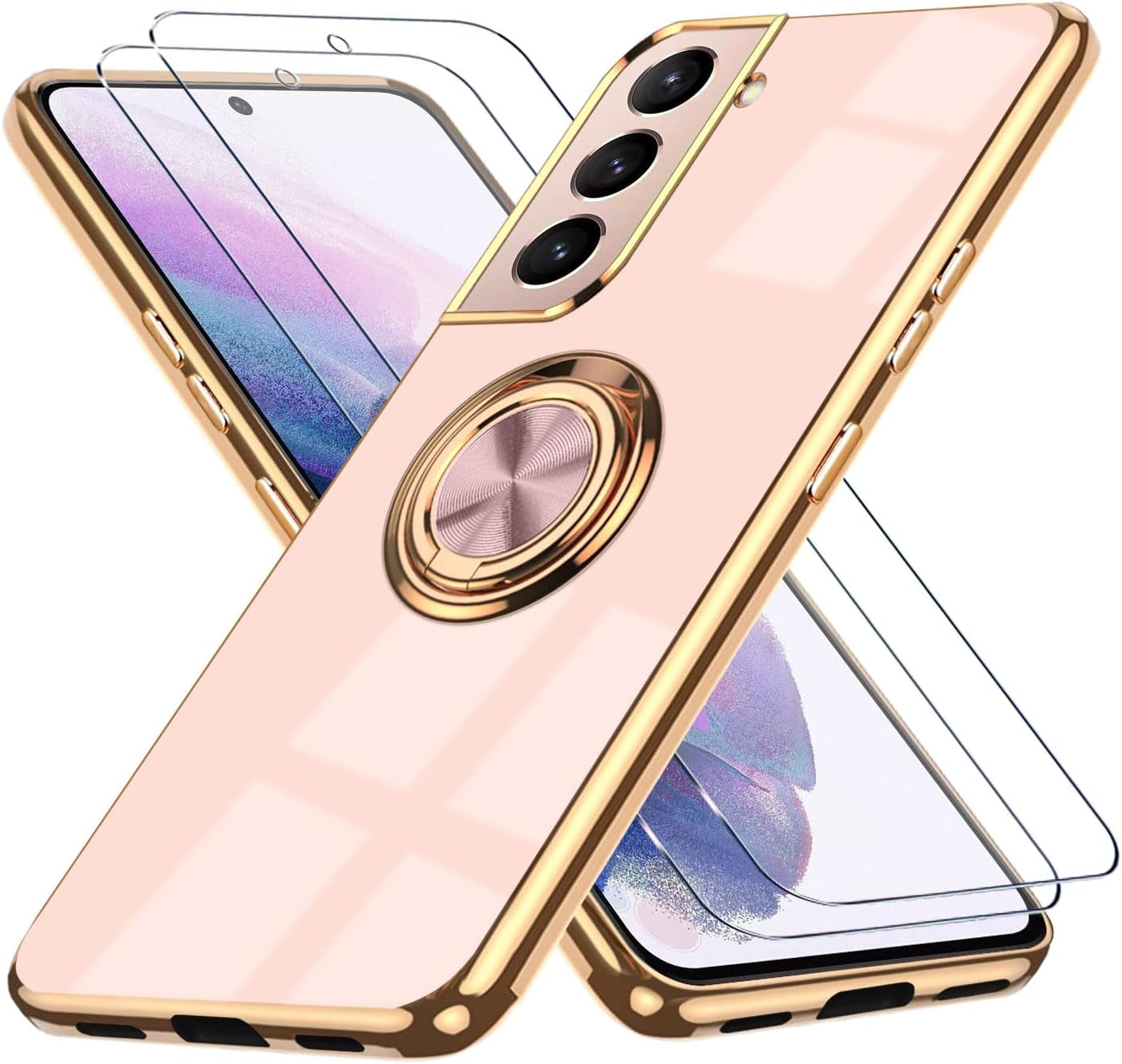 For Samsung Galaxy S22 5G Case, with 2 Screen Protector, Built-In 360° Ring Holder Magnetic Stand, Luxury Electroplated Plating Edge Shockproof Protective Phone Cover, Black