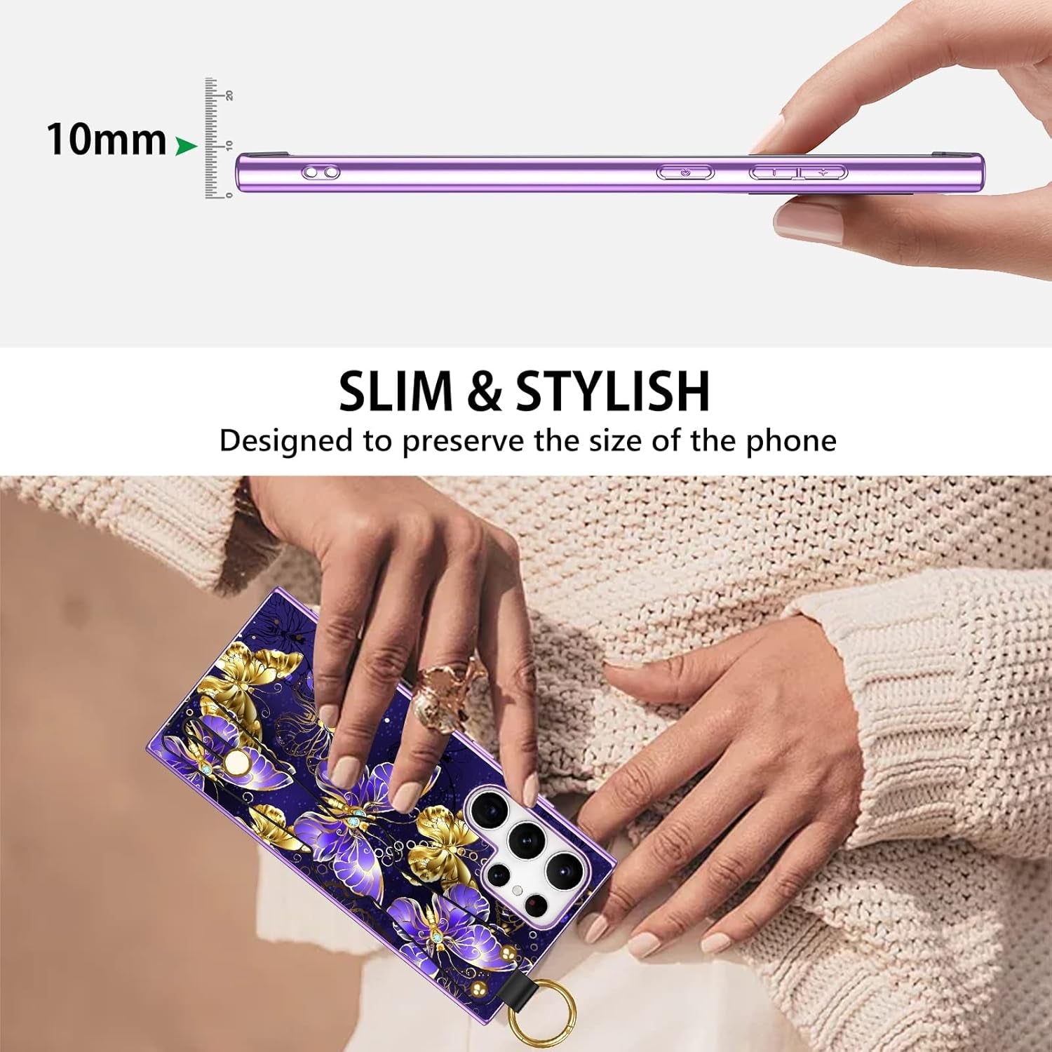 DUEDUE for Samsung Galaxy S22 Ultra Case, Glow in the Dark Butterfly Slim Cover with Hand Strap Hybrid Hard PC anti Slip Shockproof Full Protective Phone Case for Galaxy S22 Ultra 6.8", Purple