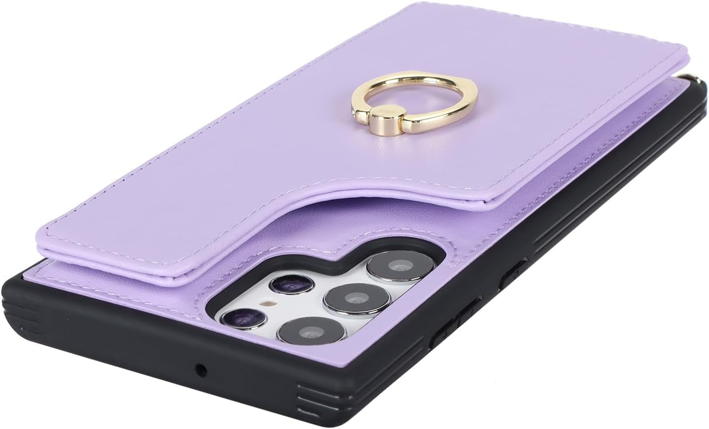 For Samsung Galaxy S22 Ultra Case with Card Holder and Strap for Women,Crossbody Lanyard,Ring Stand,Snap Clasp,Phone Wallet Cases 6.8 Inch(Purple)