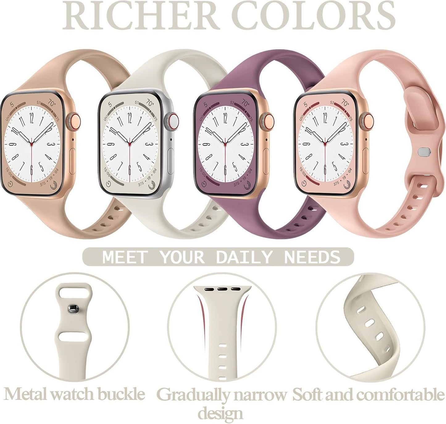 4 Pack Slim Watch Band Compatible for Apple Watch Band 38Mm 40Mm 41Mm 42Mm 44Mm 45Mm 49Mm,Soft Silicone Slim Sport Watch Band Compatible with Iwatch Apple Watch Series Ultra 8 7 6 5 4 3 2 1 SE Women Men