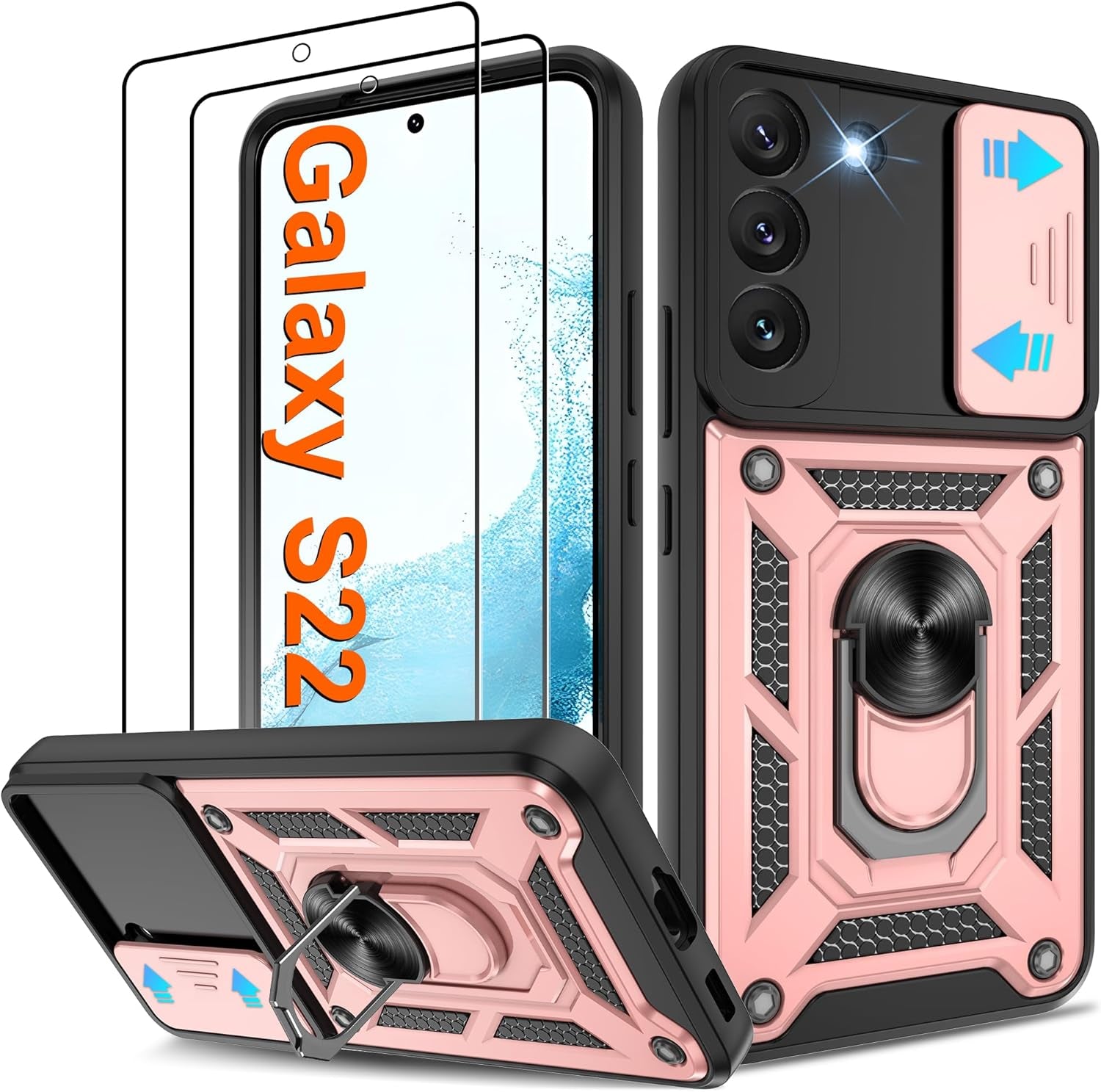 ATUMP for Samsung Galaxy S22 Ultra Case with (2 Pcs) HD Screen Protector, Heavy Duty Shockproof with 360° Rotation Metal Kickstand [Military Grade] Protective Case for S22 Ultra, Blue