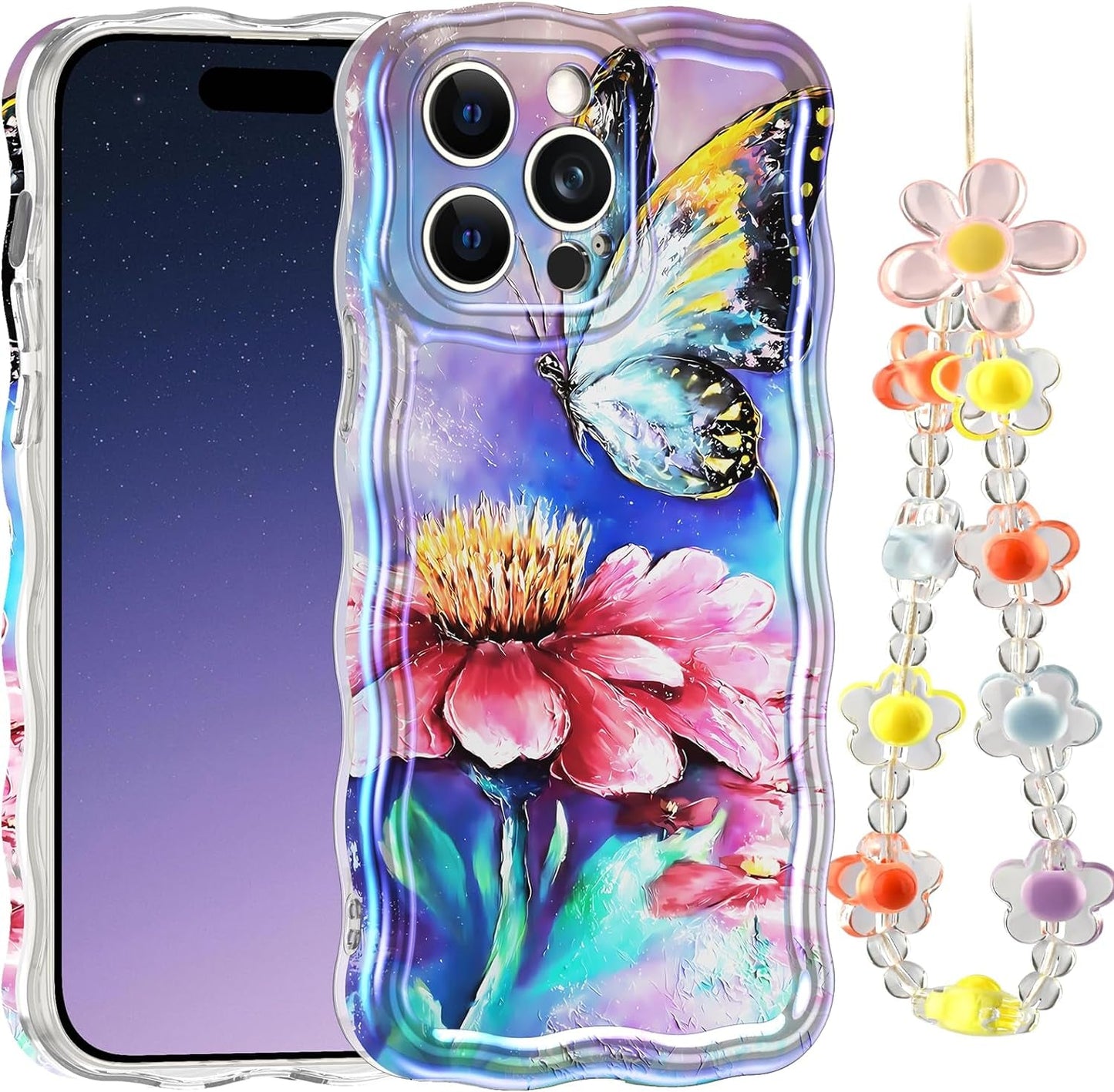 LONTECT for Iphone 14 Pro Max Case Shockproof Slim Full Body Protective Cute Curly Wave Border Camera Protection Cover+Flower Beads Chain Girls Women Case for Apple Iphone 14 Pro Max,Pink Butterfly  Lontect Pink Flower Apple Iphone 14 Pro Max 6.7" 