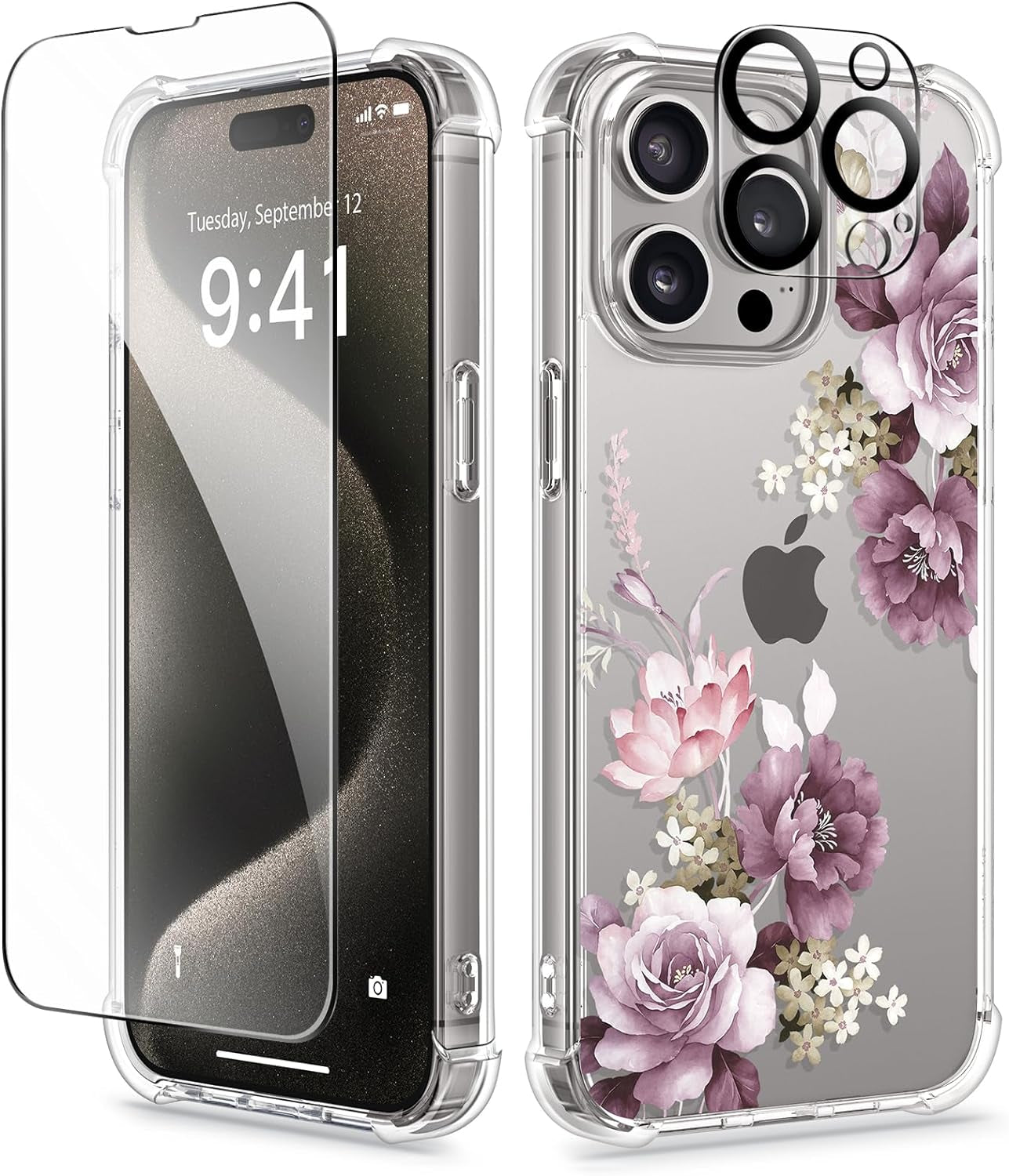 GVIEWIN for Iphone 15 Pro Case Floral, with Screen Protector+Camera Lens Protector, [Not Yellowing] Slim Shockproof Clear Phone Protective Cover for Women, Flower Pattern Design (Ranunculus/Pink)  GVIEWIN   
