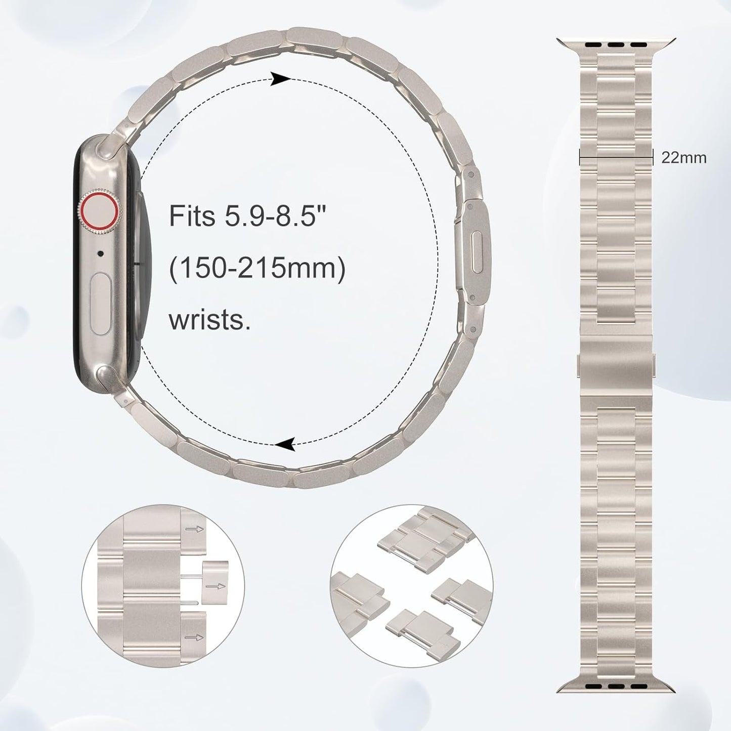 Finestone Metal Band for Apple Watch - No Tool Needed Apple Watch Stainless Steel Band Compatible with Apple Watch 41Mm 40Mm 38Mm - Magnetic Clasp Strap for Iwatch Series 9/8/7/6/5/4/3/2/1 SE Starlight