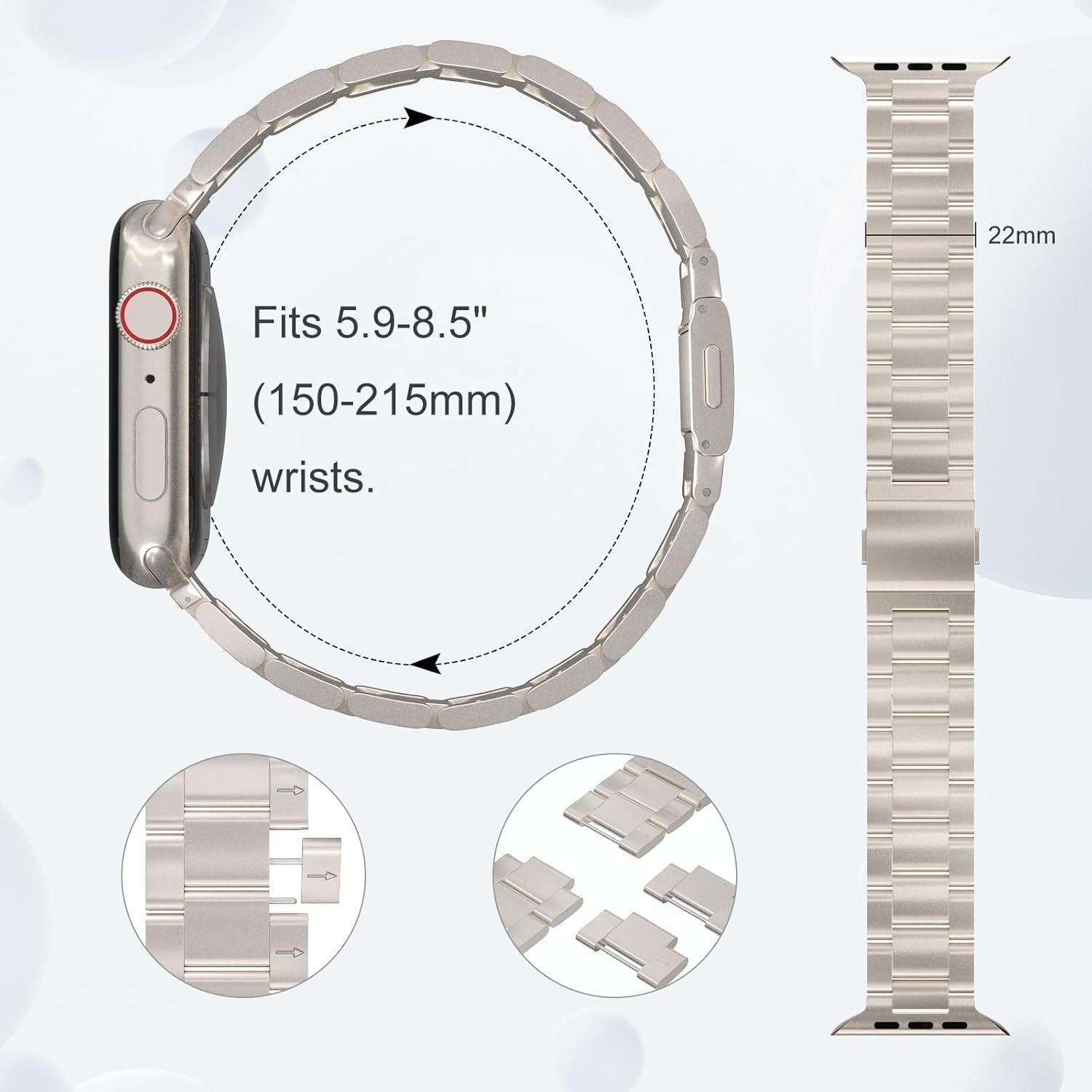 Finestone Metal Band for Apple Watch - No Tool Needed Apple Watch Stainless Steel Band Compatible with Apple Watch 41Mm 40Mm 38Mm - Magnetic Clasp Strap for Iwatch Series 9/8/7/6/5/4/3/2/1 SE Starlight