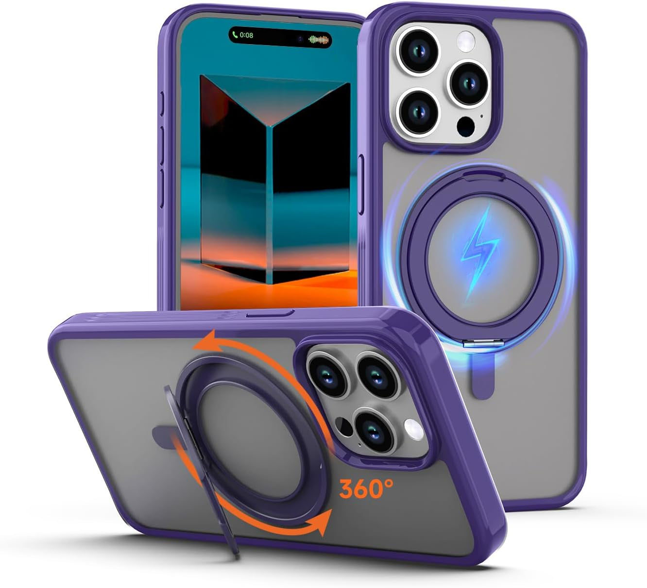 Magnetic for Iphone 15 Pro Max Case Purple with 360° Rotatable Invisible Ring Stand Designed，Compatible with Magsafe ，Translucent Matte Purple Bumper Shockproof Decompress Slim Military Grade Case  Vongong Iphone 15 Pro Max Purple  