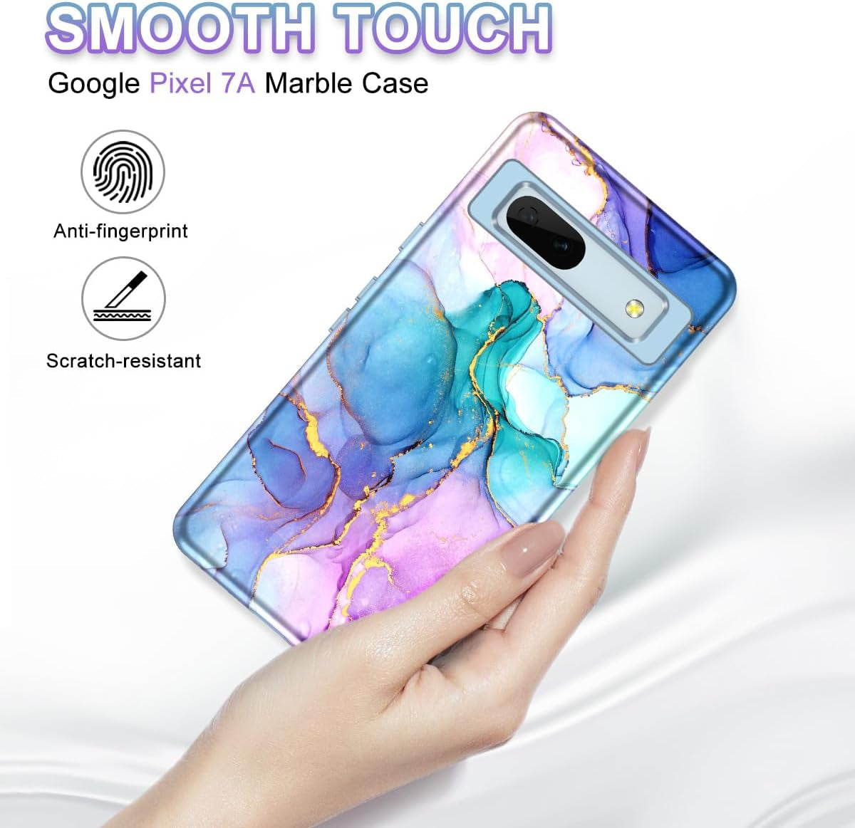 Btscase for Google Pixel 7A Case, [5 in 1] with 2 Pack Screen Protector + 2 Pack Camera Lens Protector, Marble Pattern Full Body Three Layer Rugged Shockproof Protective Cover (2023), Blue Pink  Btscase   
