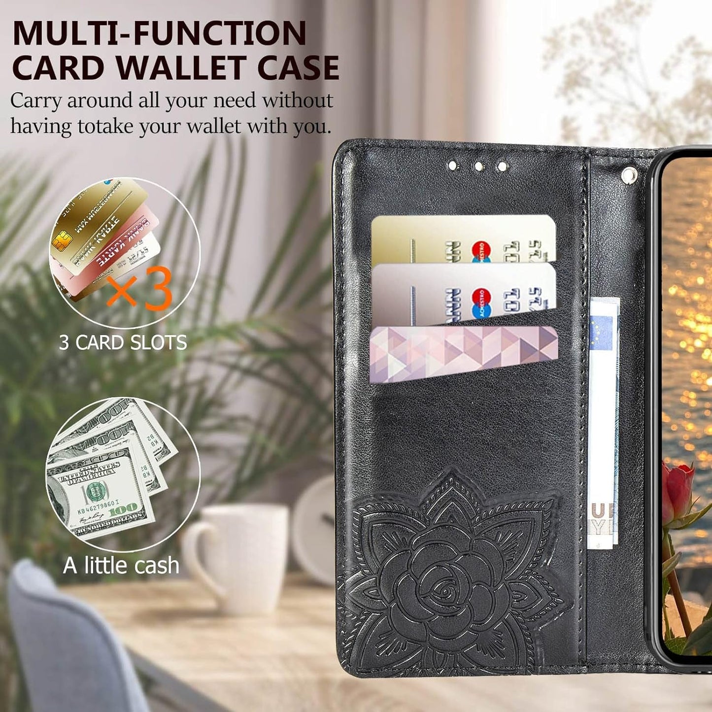 For Samsung Galaxy A53 5G Case Wallet,Women Flip Folio Cover with Butterfly Embossed PU Leather Credit Card Holder Slots Magnetic Wrist Strap Purse for Samsung A53 5G (Black)