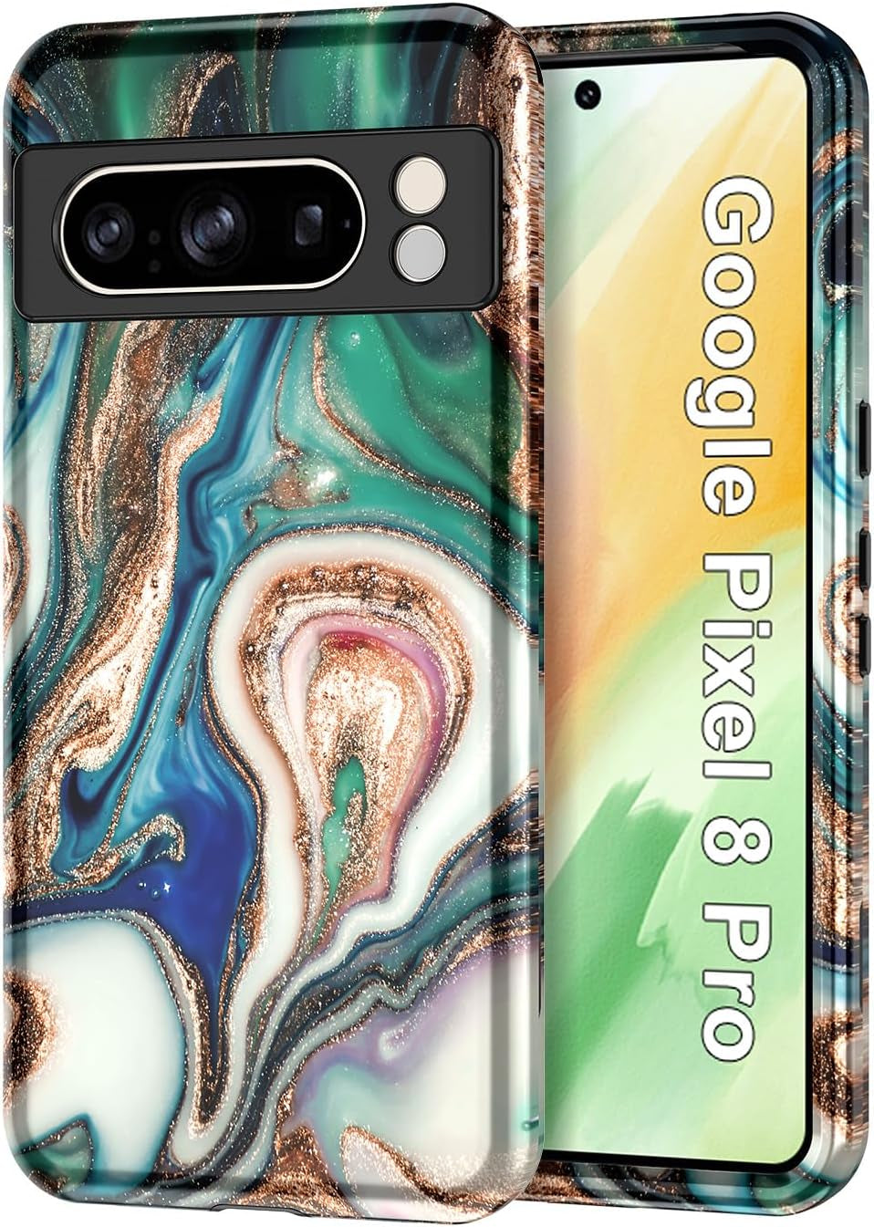 Btscase for Google Pixel 8 Pro Case (2023), Marble Pattern 3 in 1 Heavy Duty Shockproof Full Body Rugged Hard Pc+Soft Silicone Drop Protective Women Girl Cover for Google Pixel 8 Pro, Blue Pink  Btscase Blue/Drift Sand  