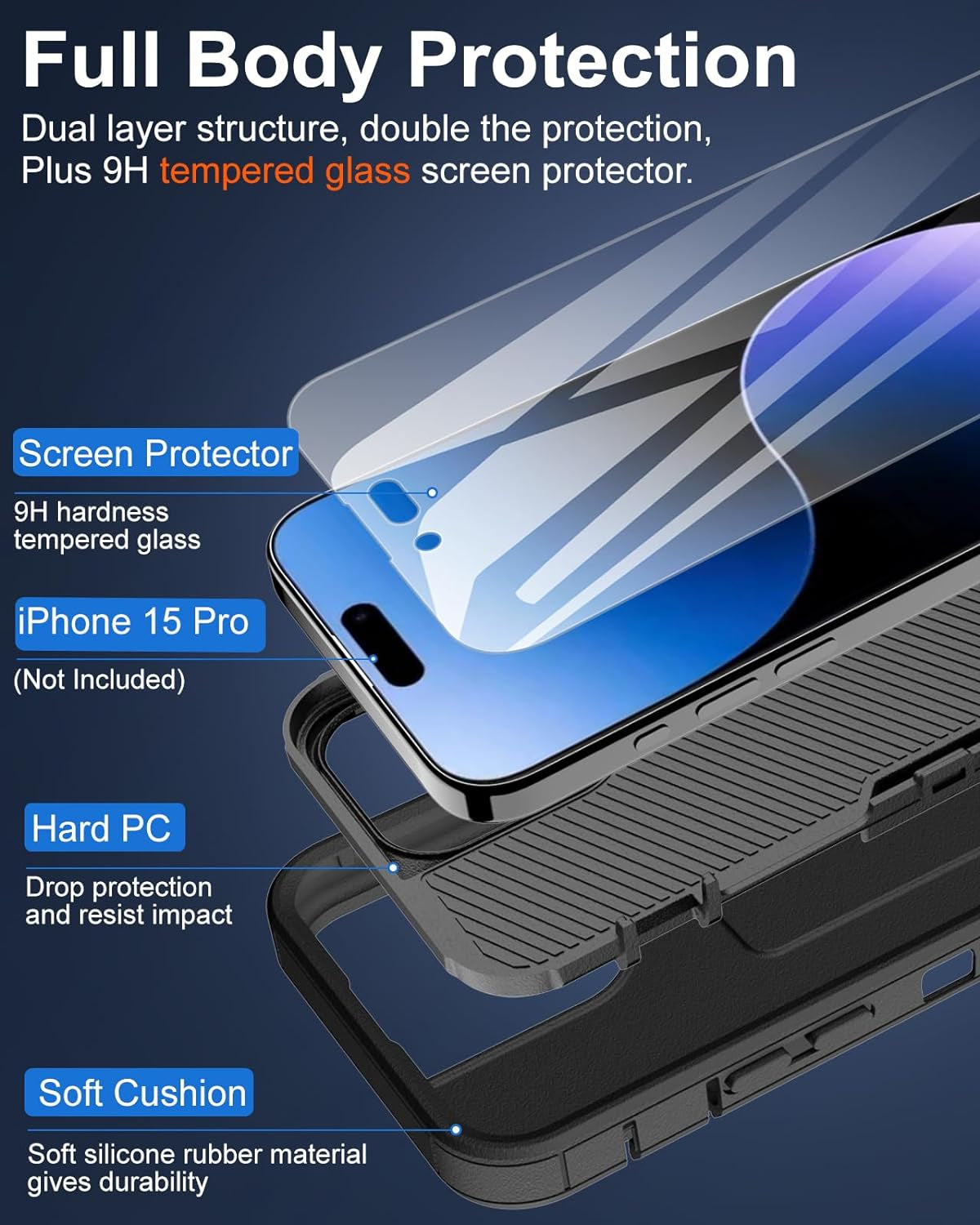 Dahkoiz for Iphone 15 Pro Phone Case, and Glass Screen Protector, Dust-Proof Port Cover, Full Body Non-Slip Rubber Covered, Wear-Resistant & Drop-Proof, Black/Black  UNISMART INC   