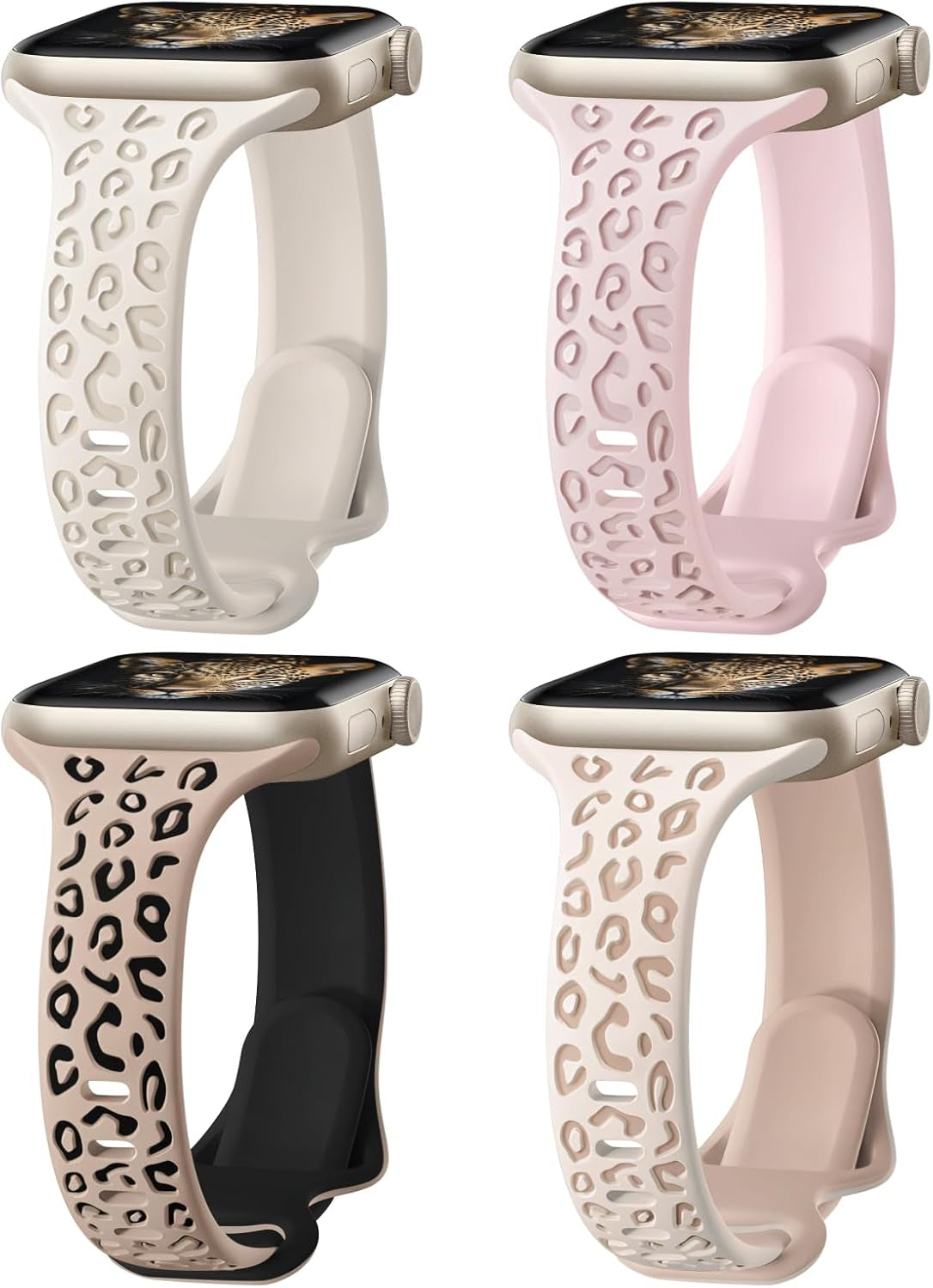 4 Pack Slim Leopard Engraved Bands Compatible for Apple Watch Bands 41Mm 40Mm 38Mm 45Mm 44Mm 42Mm 49Mm Women, Thin Soft Silicone Cheetah Sport Strap for Iwatch Bands Series 9 8 7 6 5 4 3 2 1 Ultra SE