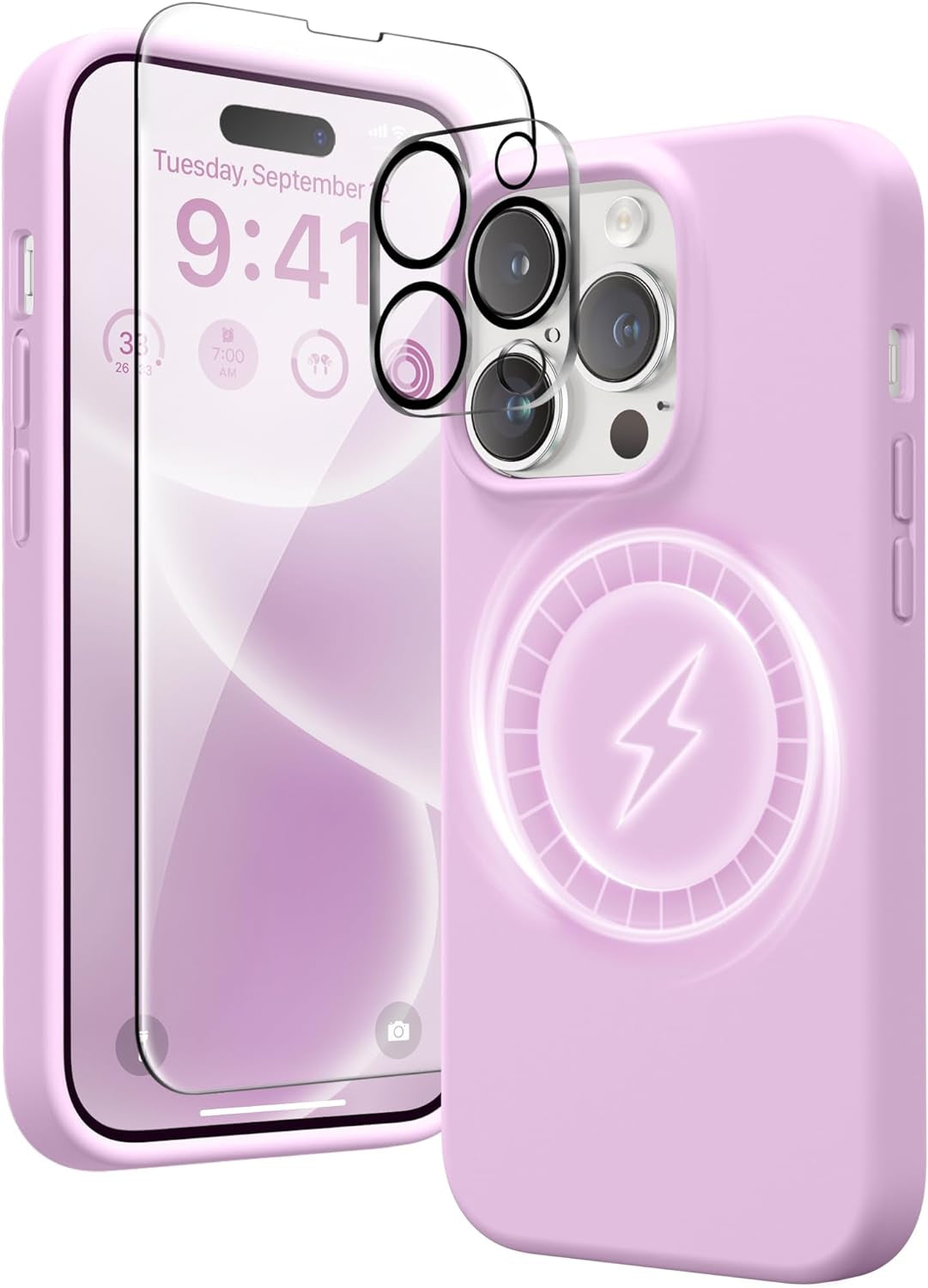 GONEZ for Iphone 14 Pro Max Case Silicone, Compatible with Magsafe, with 2X Screen Protector + 2X Camera Lens Protector, Liquid Silicone Shockproof Protective Iphone 14 Promax Case, Blue  GONEZ Light Lilac  