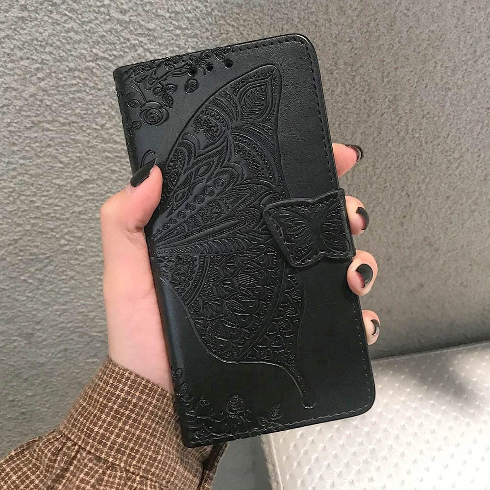 For Samsung Galaxy A53 5G Case Wallet,Women Flip Folio Cover with Butterfly Embossed PU Leather Credit Card Holder Slots Magnetic Wrist Strap Purse for Samsung A53 5G (Black)