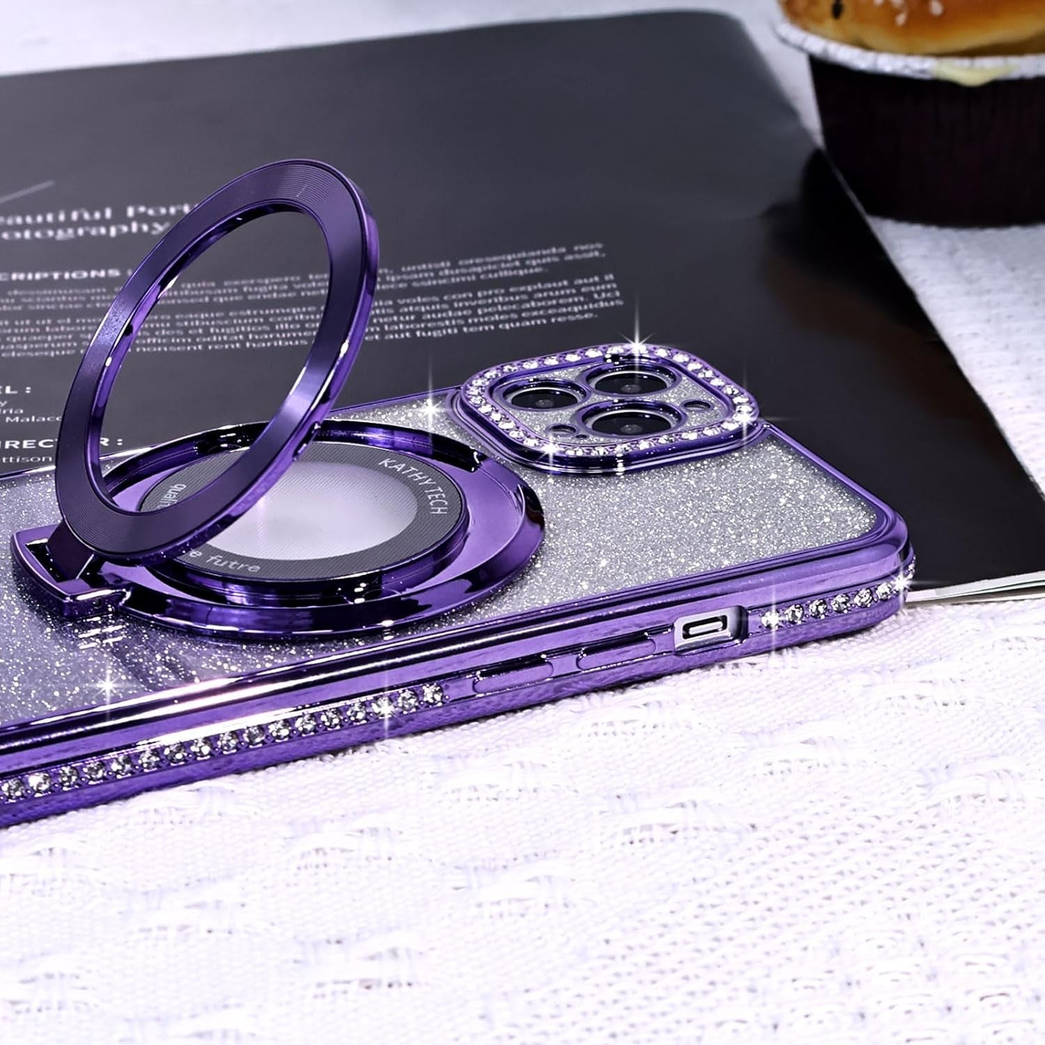 Fycyko Magnetic Case for Iphone 14 Pro with Holder Stand,Rhinestone Glitter Plated Bling Luxury Phone Case（Compatible with Magsafe） Shockproof Kickstand Design for Iphone 14 Pro-Purple  Fycyko   