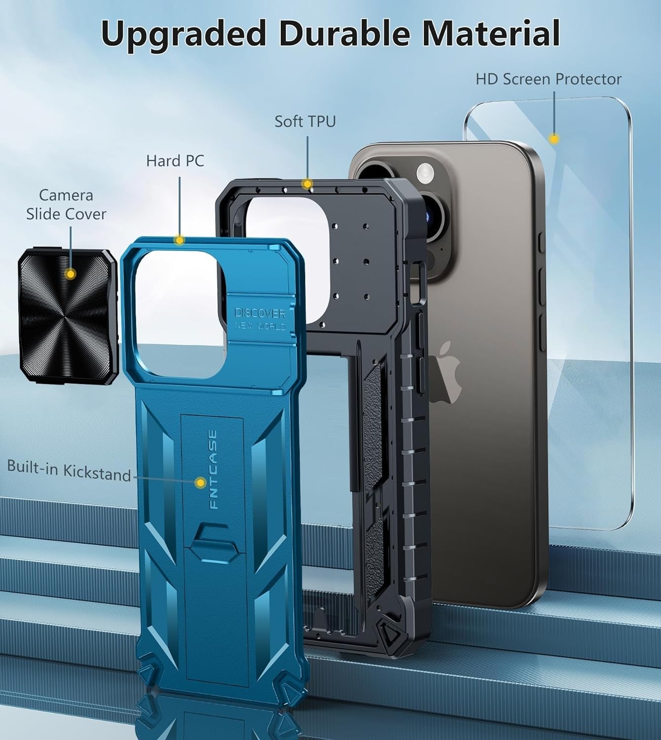 FNTCASE for Iphone 15 Pro Case: Military Grade Drop & Shock Protection Cell Phone Cover with Kickstand & Slide | Rugged Protective Bumper Textured | Heavy Duty Protector(Blue)  FNTCASE   