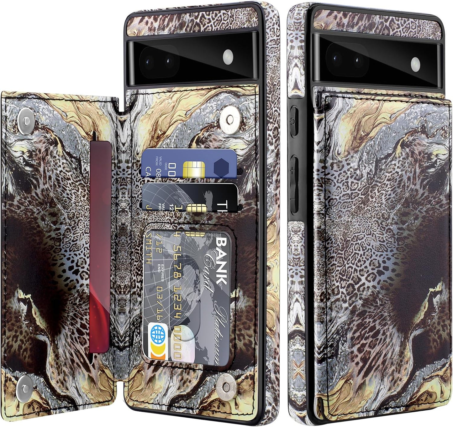 For Google Pixel 6A Case Leather Wallet with Card Holder, Flip Cover Kickstand Card Slots Magnetic Closure Shockproof Heavy Duty Protective Case for Google Pixel 6A 6.1Inch 5G-Rose Gold  Bizzib Leopard Brown  