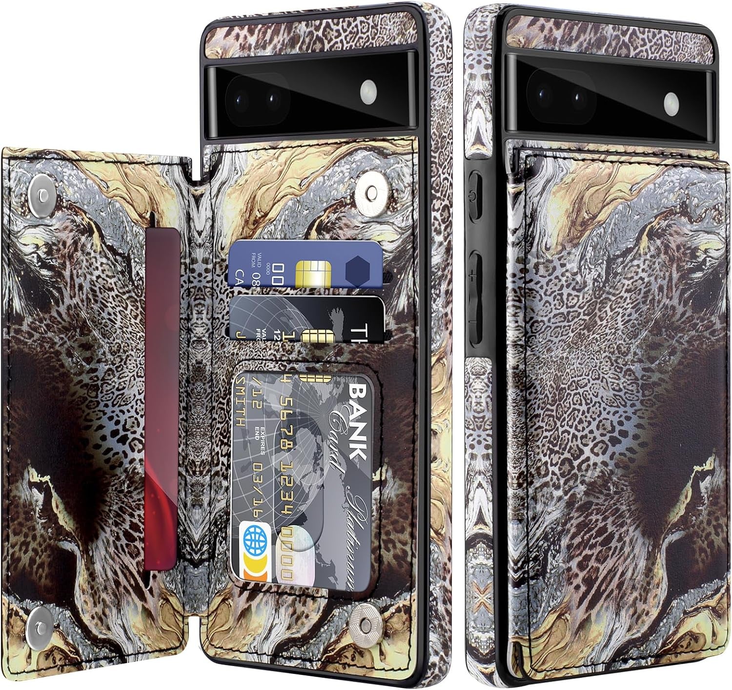 For Google Pixel 6A Case Leather Wallet with Card Holder, Flip Cover Kickstand Card Slots Magnetic Closure Shockproof Heavy Duty Protective Case for Google Pixel 6A 6.1Inch 5G-Rose Gold  Bizzib Leopard Brown  