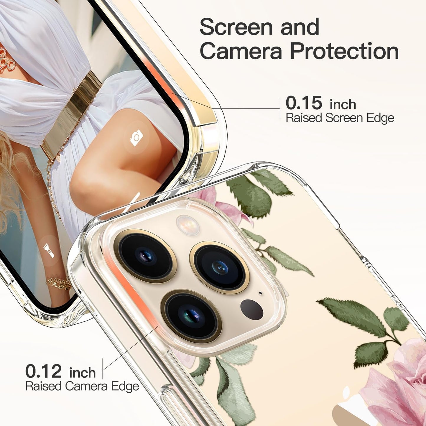 ICEDIO for Iphone 15 Pro Case with Screen Protector-Clear with Fashionable Trendy Patterns-Designed for Girls Women-Slim Fit Cover-Protective Phone Case 6.1" Cute Blooming Pink Floral  ICEDIO   