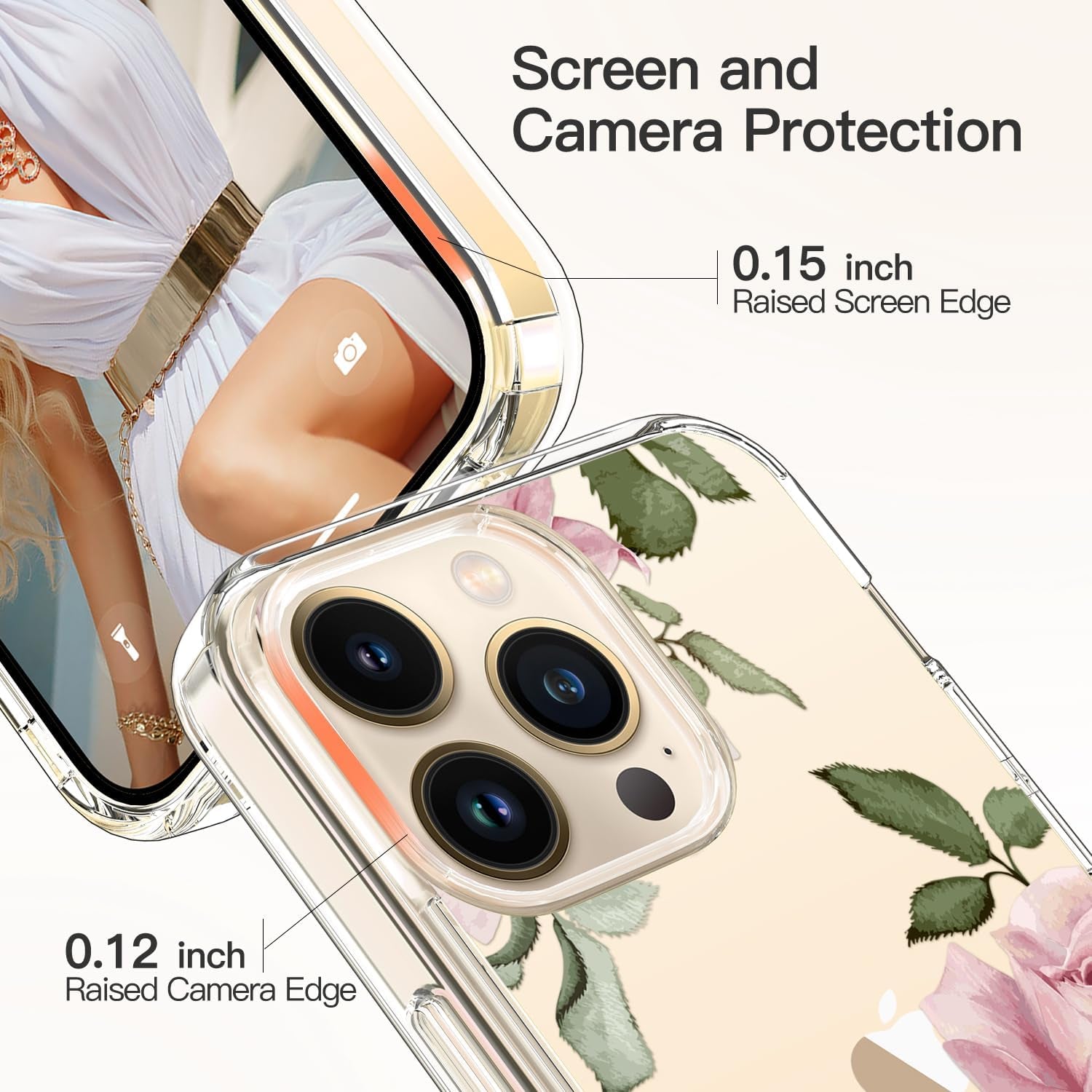 ICEDIO for Iphone 15 Pro Case with Screen Protector-Clear with Fashionable Trendy Patterns-Designed for Girls Women-Slim Fit Cover-Protective Phone Case 6.1" Cute Blooming Pink Floral  ICEDIO   