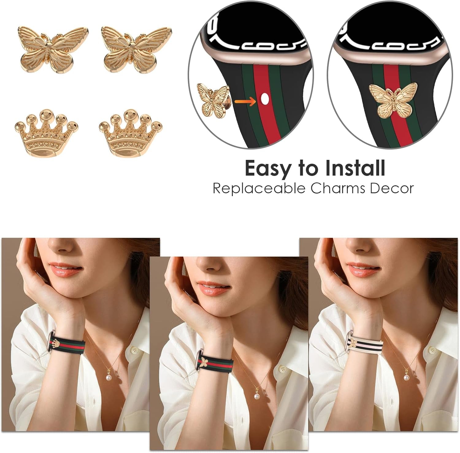 Designer Band with Charms Decor Compatible with Apple Watch Band 38Mm 40Mm 41Mm Women Men, Stylish Silicone Sport Wristbands for Iwatch Series 8 7 6 5 4 3 2 1 SE Ultra