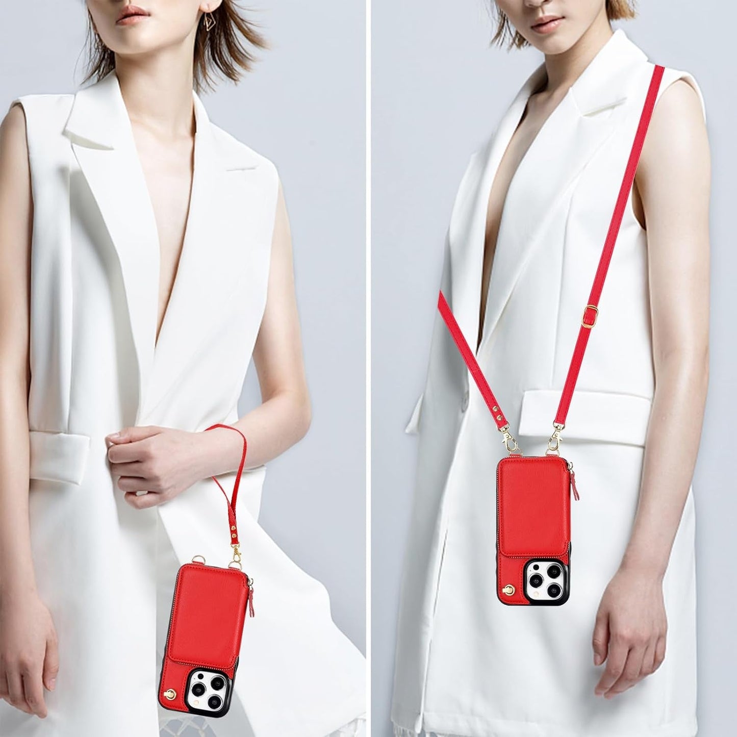 Bocasal Crossbody Wallet Case for Iphone 15 Pro, RFID Blocking Leather Purse Case with Card Holder, Protective Handbag Flip Cover with Zipper Wrist Strap Lanyard for Women 5G 6.1 Inch (Red)  Bocasal   