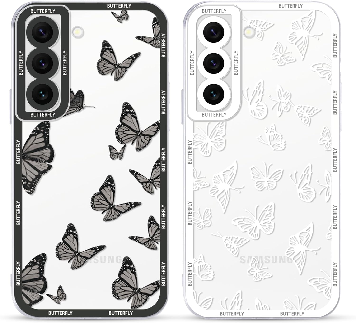 2 Pack Cute Clear Print for Samsung Galaxy A53 5G 6.5" Phone Case, Butterfly Aesthetic Transparent Cases Soft Silicone Slim TPU Shockproof Protective Cover for Women Girls-Butterflies