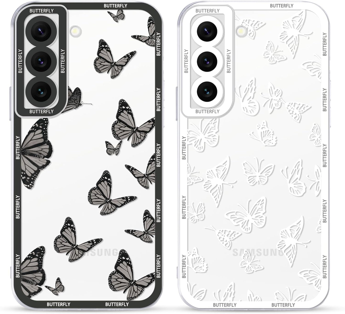 2 Pack Cute Clear Print for Samsung Galaxy A53 5G 6.5" Phone Case, Butterfly Aesthetic Transparent Cases Soft Silicone Slim TPU Shockproof Protective Cover for Women Girls-Butterflies