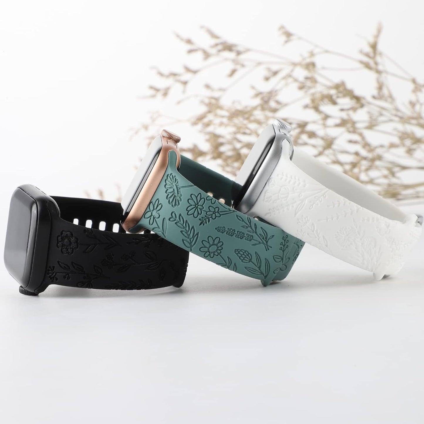 Floral Engraved Sport Bands Compatible with Apple Watch Band 38Mm 40Mm 41Mm, Women Cute Flower Pattern Soft Silicone Strap Smartwatch Wristband Accessories for Iwatch Series 8 7 6 5 4 3 2 1 SE