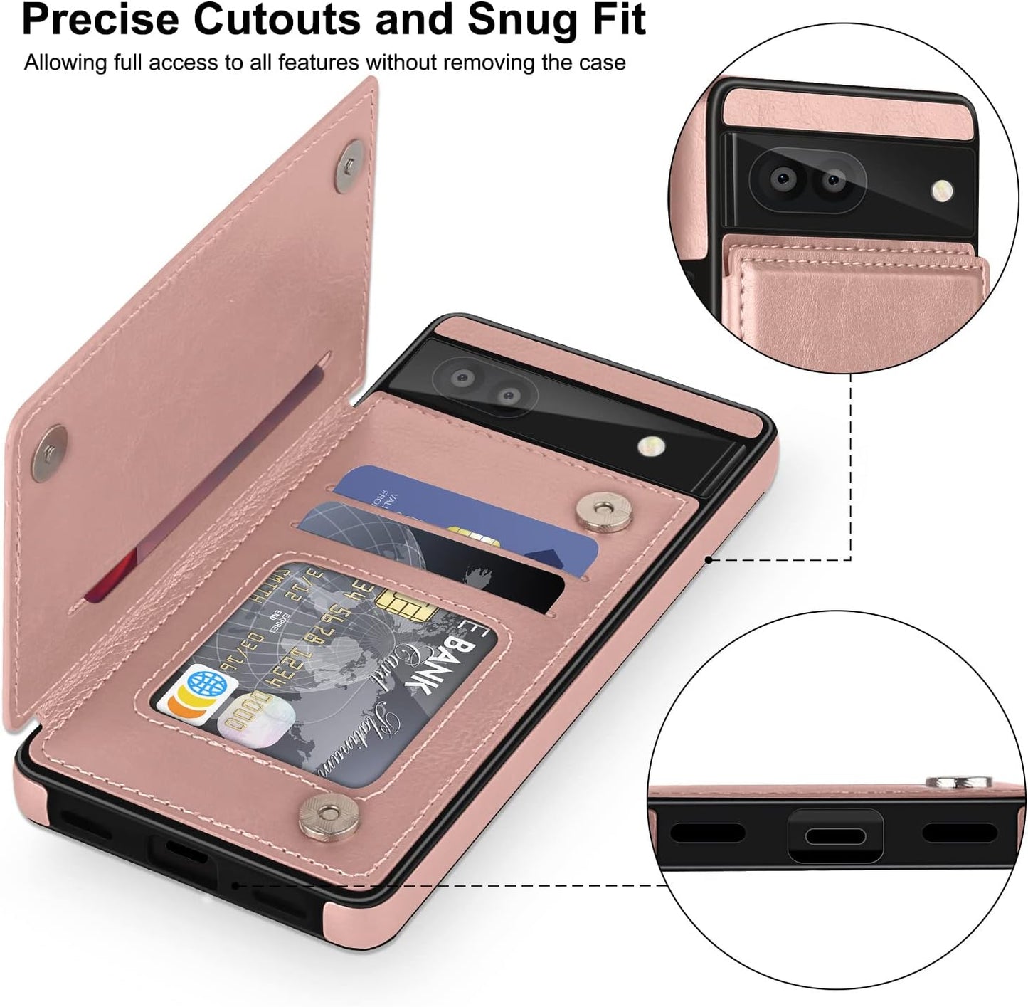 For Google Pixel 6A Case Leather Wallet with Card Holder, Flip Cover Kickstand Card Slots Magnetic Closure Shockproof Heavy Duty Protective Case for Google Pixel 6A 6.1Inch 5G-Rose Gold  Bizzib   