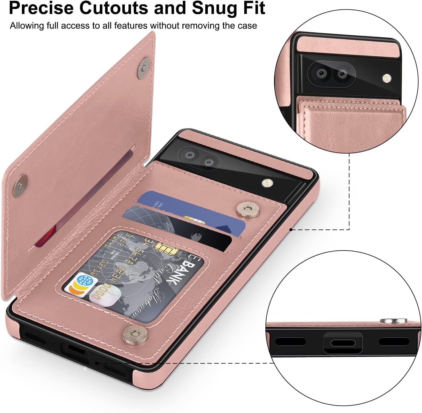 For Google Pixel 6A Case Leather Wallet with Card Holder, Flip Cover Kickstand Card Slots Magnetic Closure Shockproof Heavy Duty Protective Case for Google Pixel 6A 6.1Inch 5G-Rose Gold  Bizzib   
