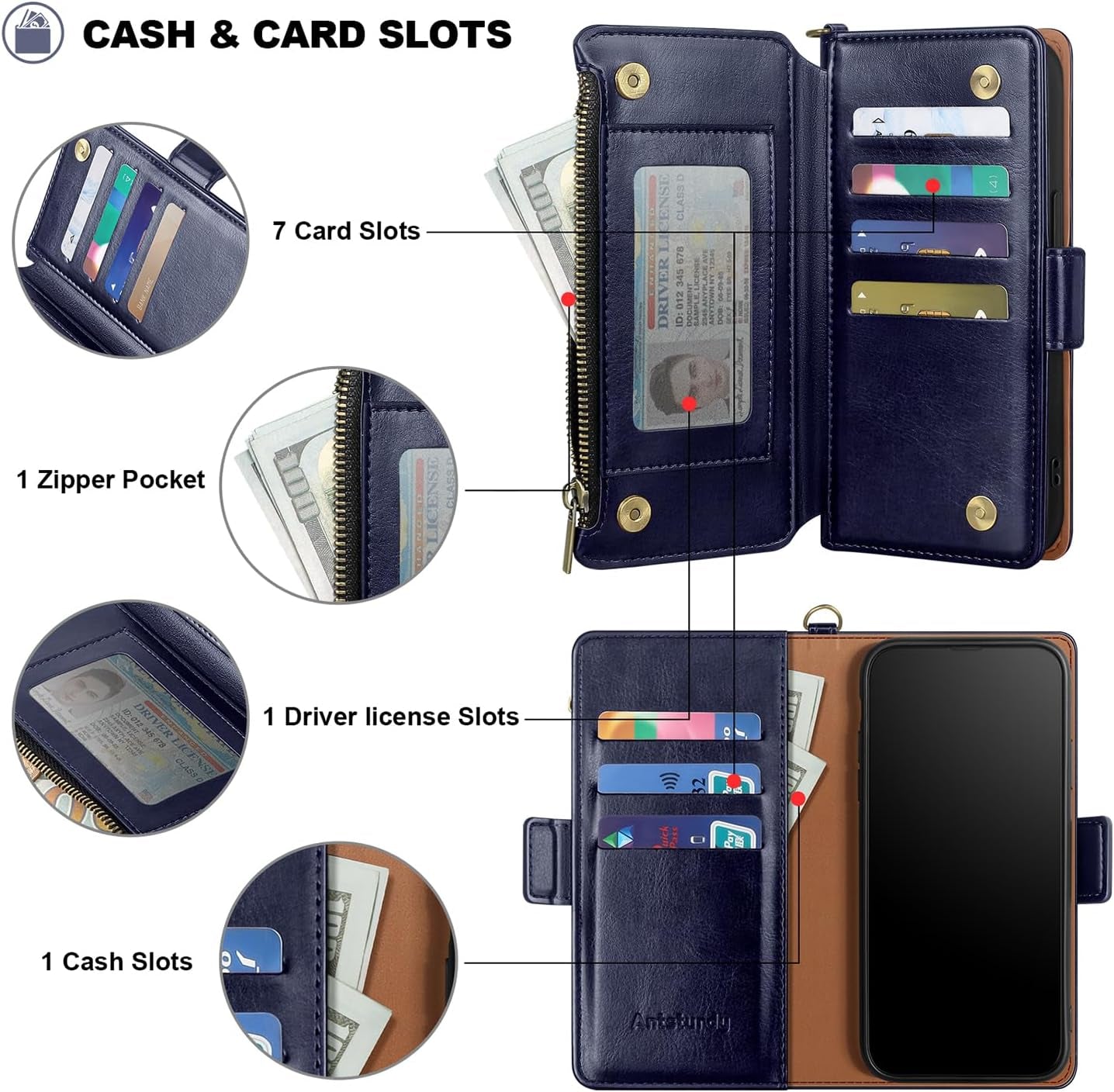 Antsturdy Samsung Galaxy S22 Ultra Wallet with Card Holder for Women Men,Galaxy S22 Ultra 5G Phone Case RFID Blocking PU Leather Flip Shockproof Cover with Strap Zipper Credit Card Slots,Dark Blue
