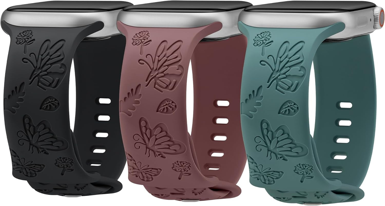 3 Pack Butterfly Floral Engraved Silicone Apple Watch Bands for Women - Soft, Sporty, and Stylish, Fits 38Mm-49Mm Apple Watch/Iwatch Series Ultra/Ultra 2/SE/9/8/7/6/5/4/3/2/1