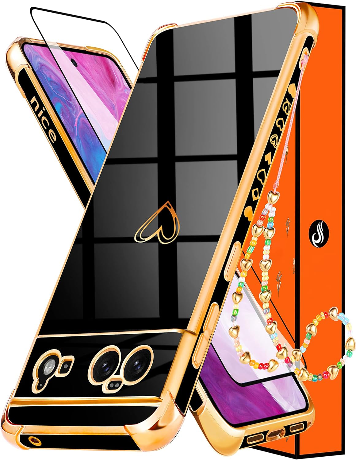 Shorogyt (3In1 Heart Case for Google Pixel 6 Case 5G 6.4 Inch Women Cute Aesthetic Love Hearts Pattern Girls Gold Luxury Girly Design Phone Cases Cover+Screen+Chain for Pixel 6 Case 5G 6.4''  qunxiner Black-Empty Heart For Google Pixel 6 