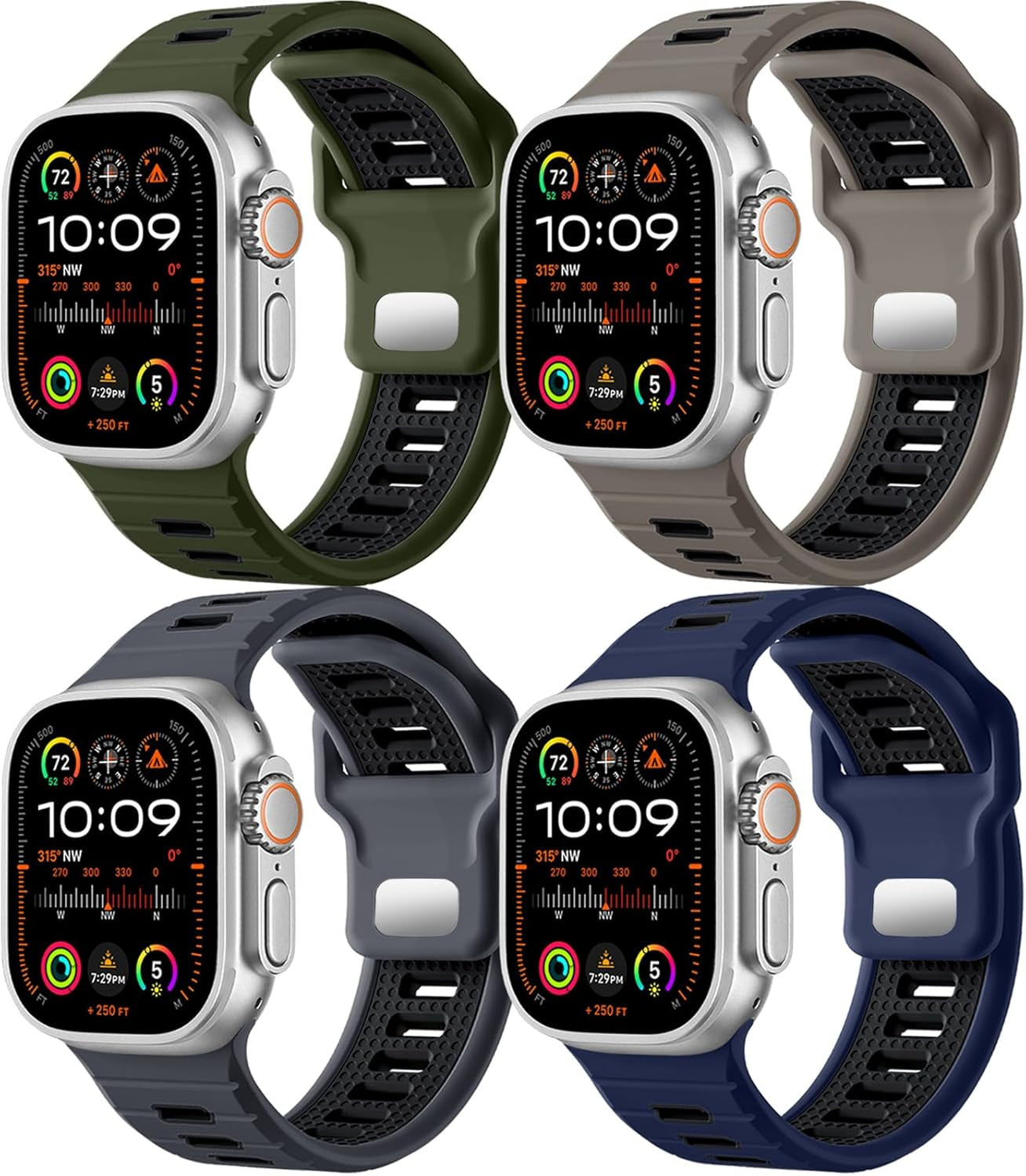 4Pack Sport Bands Compatible with Apple Watch Ultra 2/Ultra Band,Compatible with Apple Watch Bands for Men 49Mm 45Mm 44Mm 42Mm,Silicone Replacement Strap for Iwatch Series 9 8 7 6 5 4-1 SE