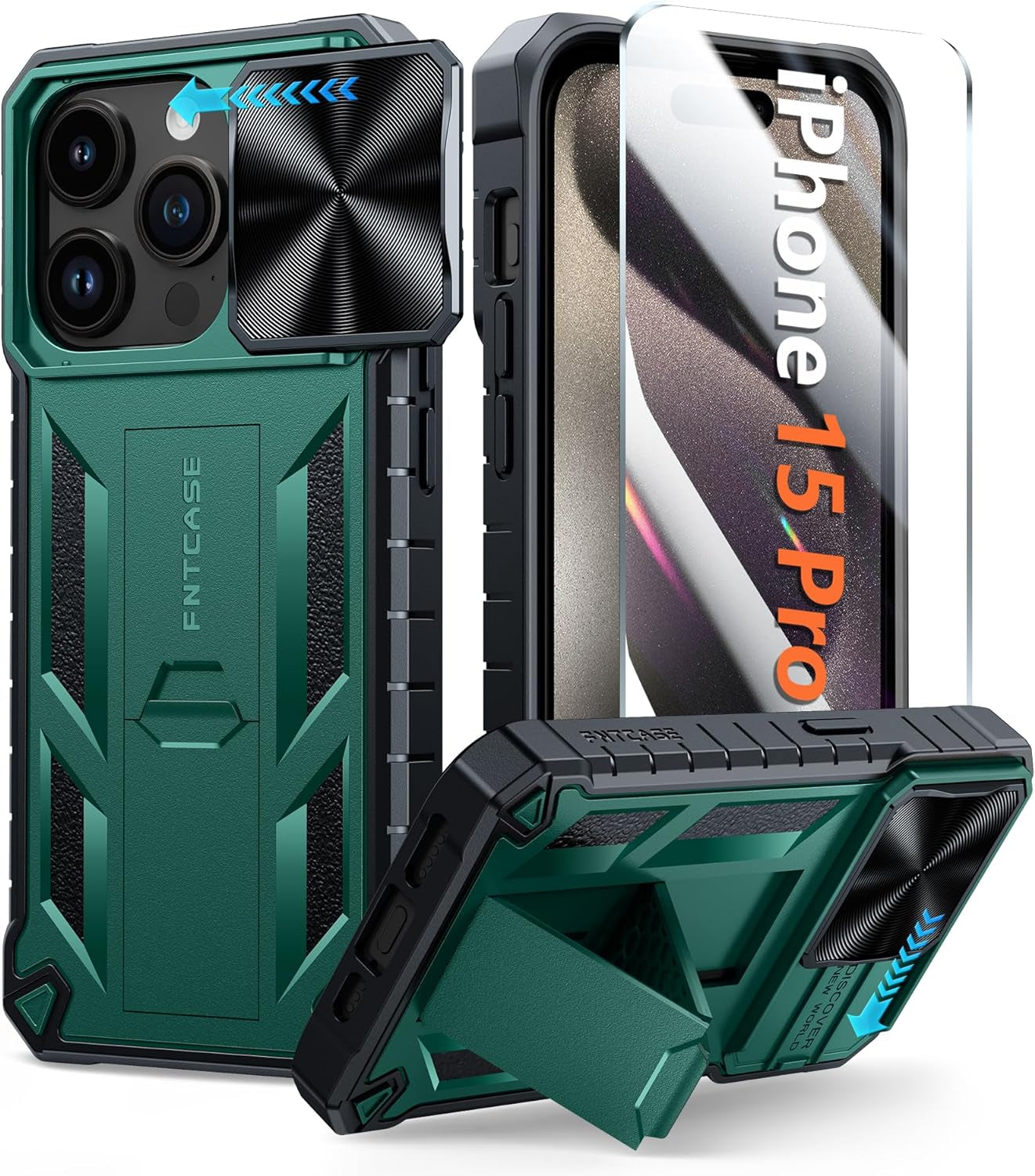 FNTCASE for Iphone 15 Pro Case: Military Grade Drop & Shock Protection Cell Phone Cover with Kickstand & Slide | Rugged Protective Bumper Textured | Heavy Duty Protector(Blue)  FNTCASE Green For Iphone 15 Pro (6.1 Inch) 