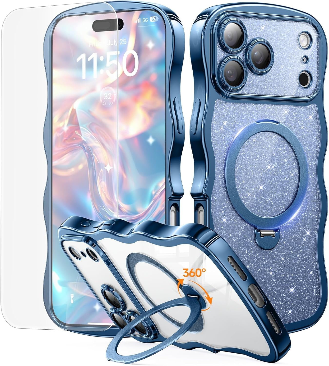 3 in 1 for Iphone 17 Pro Max Case with 360° Spin Magnetic Stand, 1X DIY Glitter Cardstock+1X Screen Protector, [Fit for Magsafe]Cute Wavy Glossy Clear Phone Cover for Women Girls 6.9", Cosmic Orange