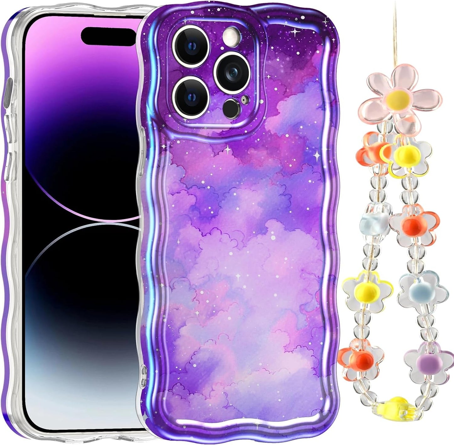 LONTECT for Iphone 14 Pro Max Case Shockproof Slim Full Body Protective Cute Curly Wave Border Camera Protection Cover+Flower Beads Chain Girls Women Case for Apple Iphone 14 Pro Max,Pink Butterfly  Lontect Purple Clouds Apple Iphone 14 Pro Max 6.7" 