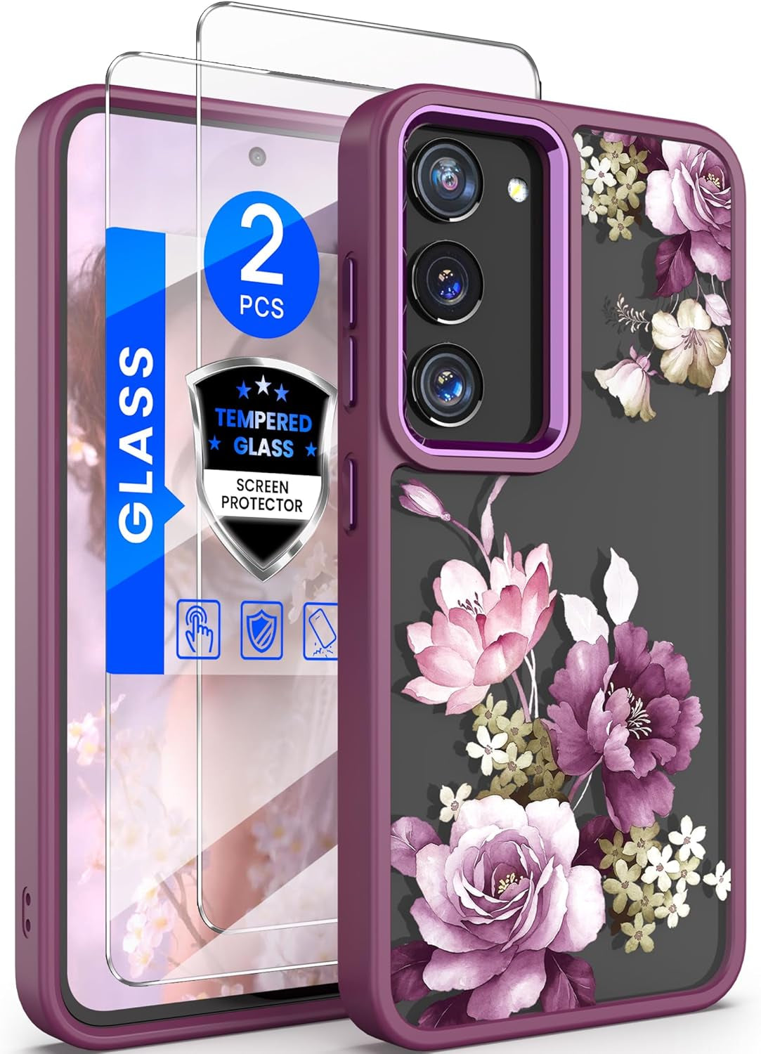 Dretal for Samsung Galaxy S22 5G Case Floral, Military Grade Drop Tested Hard Back & Soft Edge Slim Flower Women Girls Phone Protective Cover + Tempered Glass Screen Protector (Deep Purple)