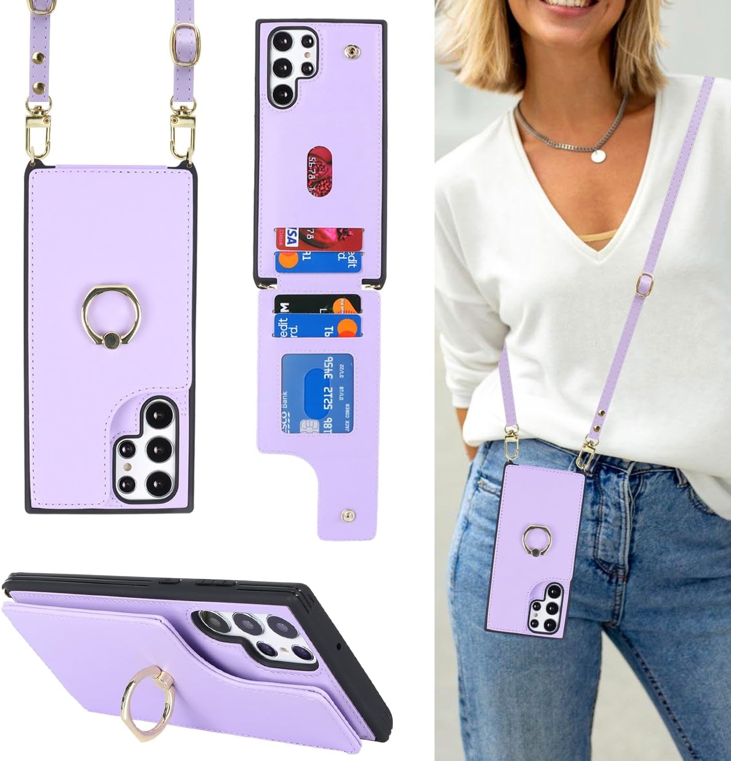 For Samsung Galaxy S22 Ultra Case with Card Holder and Strap for Women,Crossbody Lanyard,Ring Stand,Snap Clasp,Phone Wallet Cases 6.8 Inch(Purple)