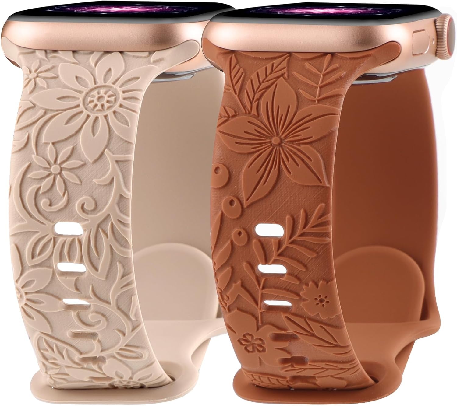 Floral Engraved Band Compatible with Apple Watch Bands 40Mm 41Mm 38Mm 42Mm 44Mm 45Mm 49Mm Women, Cute Soft Flower Silicone Designer Sport Strap for Iwatch Ultra 2 SE Series 9 8 7 6 5 4 3 2 1