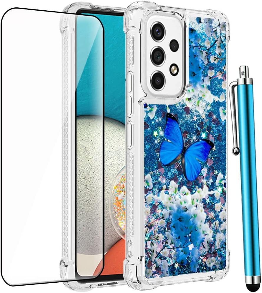 For Samsung Galaxy A53 5G Phone Case with Screen Protector, Women Girls Cute Glitter Bling Floating Liquid Soft TPU Shockproof Protective Slim Cover for Samsung Galaxy A53 5G -Blue Butterfly