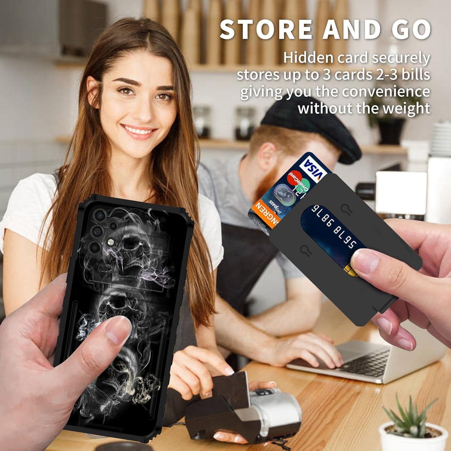 Case for Samsung Galaxy A53 5G with Detachable Card Holder Slot Kickstand Dual Layer Heavy Duty Shockproof Cover Hidden ID Cash Credit Wallet Case for Samsung A53 5G, Smoke Skull