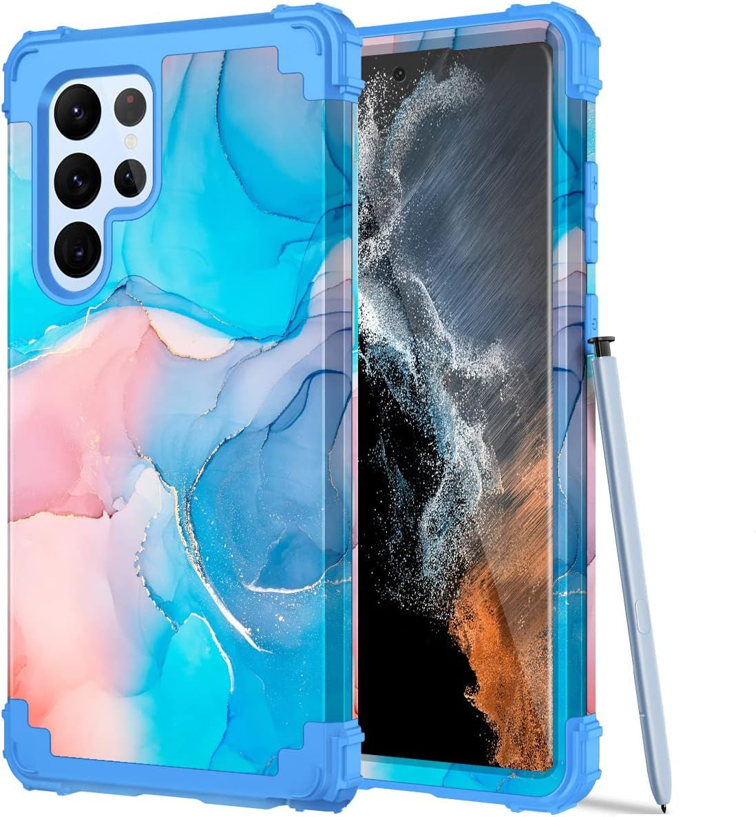 Fingic Galaxy S22 Case,Samsung Galaxy S22 Case Marble 3 in 1 Heavy Duty Protection Hybrid Hard PC Soft Silicone Rugged Bumper Case for Women Men Non-Slip Slim Phone Case for Samsung Galaxy S22,Blue
