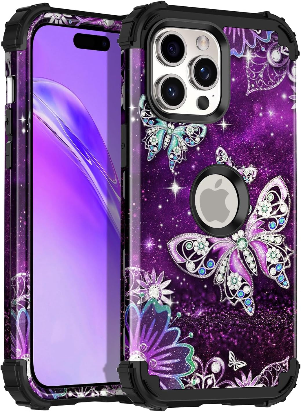 Casetego for Iphone 15 Pro Max Case,Two Layer Heavy Duty Sturdy Shockproof Full Body Rugged Hard Pc+Soft TPU Bumper Protective Girls Cover Case for Apple Iphone 15 Pro Max 6.7 Inch,Black  Casetego Butterfly  