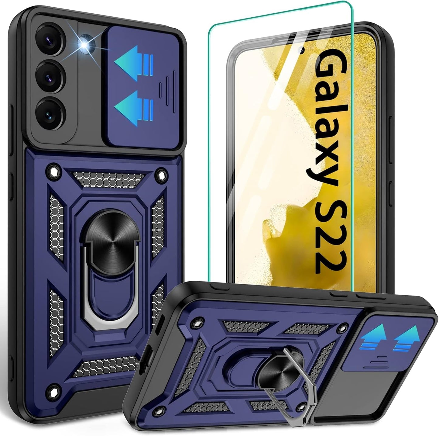 Gritup Galaxy S22 Case, Samsung Galaxy S22 Case with HD Screen Protector, [Military Grade] Shockproof Protection Case with 360° Magnetic Ring Holder Kickstand Phone Case for Samsung S22, Blue