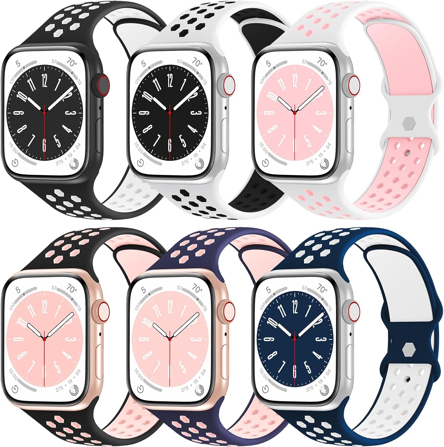 Aopigavi 6 Pack Breathable Sport Bands Compatible with Apple Watch Band 38Mm 40Mm 41Mm 42Mm 44Mm 45Mm 49Mm for Women Men, Soft Silicone Strap Wristband for Iwatch SE Series Ultra 9/8/7/6/5/4/3/2/1 Band