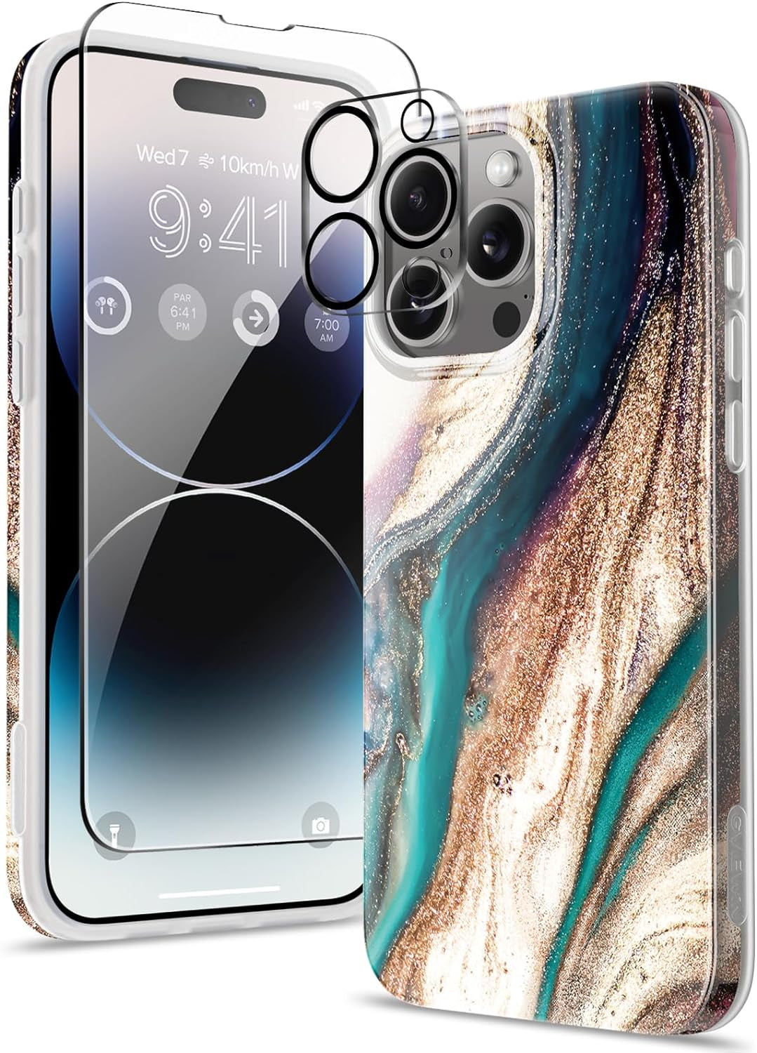 GVIEWIN for Iphone 15 Pro Case with Screen Protector+Camera Lens Protector, [Military Grade Drop Protection] Slim Marble Design Soft TPU Protective Phone Cover for 15 Pro 6.1" (Flowing Sand/Ink)  GVIEWIN   